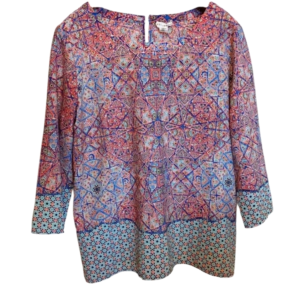 Artisan NY Beautiful Mosaic Kaleidoscope Geometric Blouse Top XL EUC
